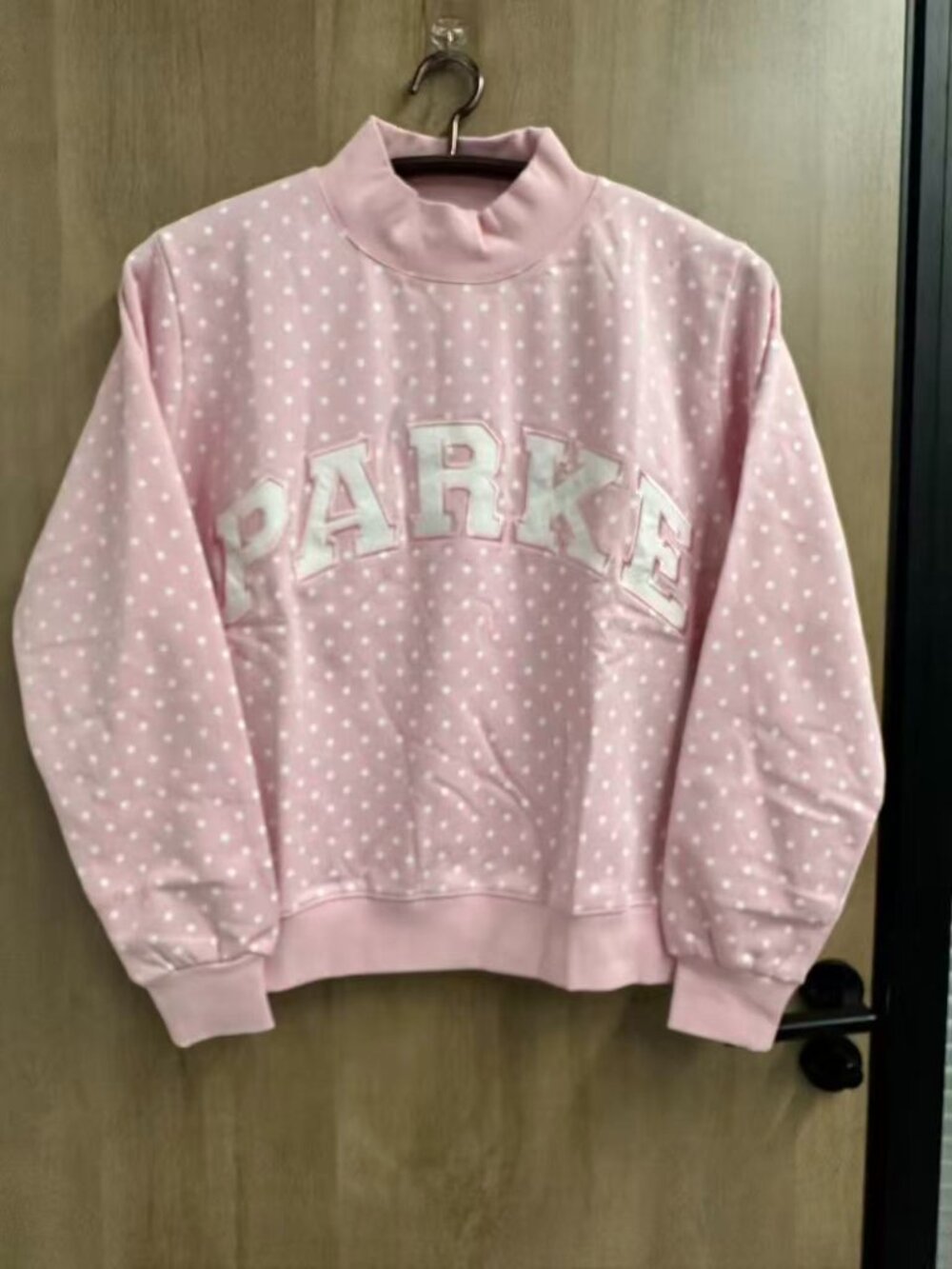 Parke Blush Pink Polka Dot Mock Neck Embroidered Logo Relaxed Sweatshirt